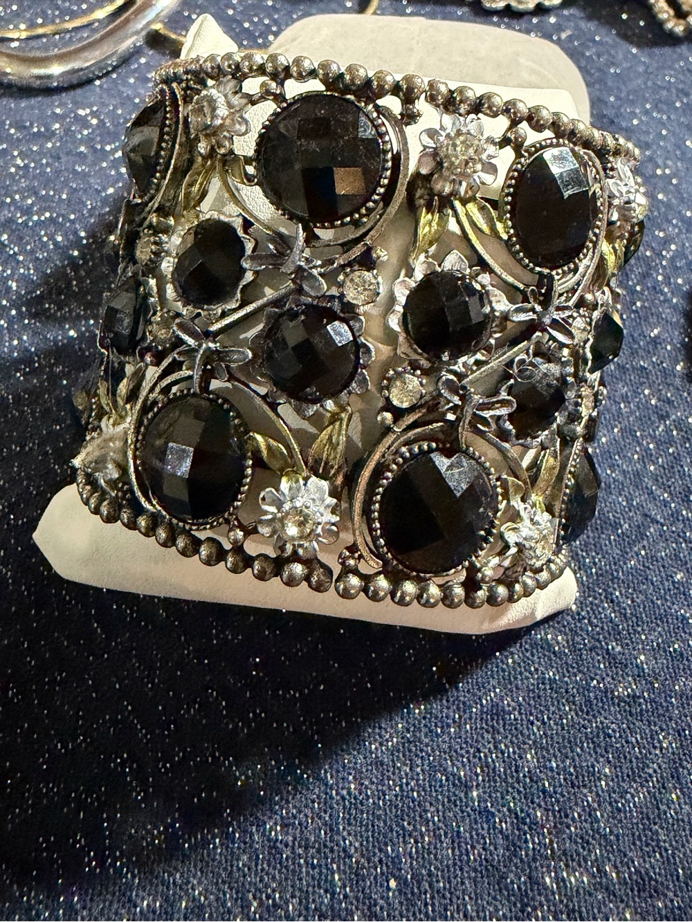 Vintage Boho Ornate Black Wide Flex Wire Gunmetal Grey Rhinestone Bracelet